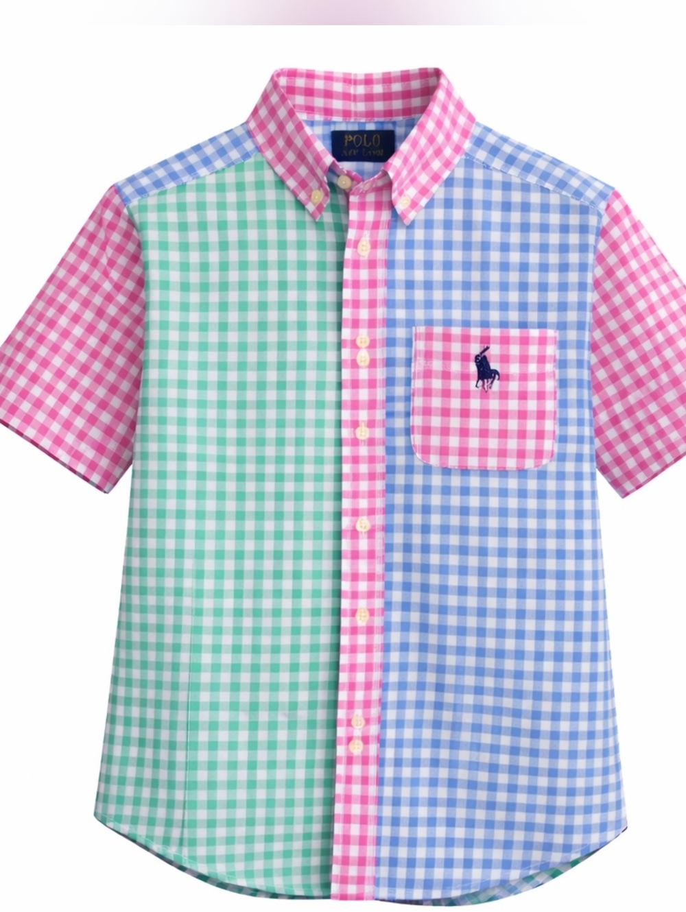 Polo Ralph Lauren Boys Gingham Patchwork Shirt Multicolor Button Down Preppy M